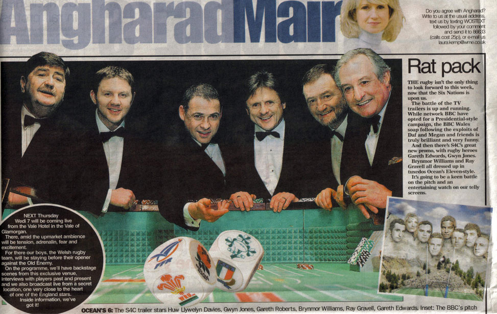 Wales on Sunday Jan 30 2005 article featuring Welsh rugby legends at the Deal A Party dice table during filming of the S4C Rugby TV advertisement